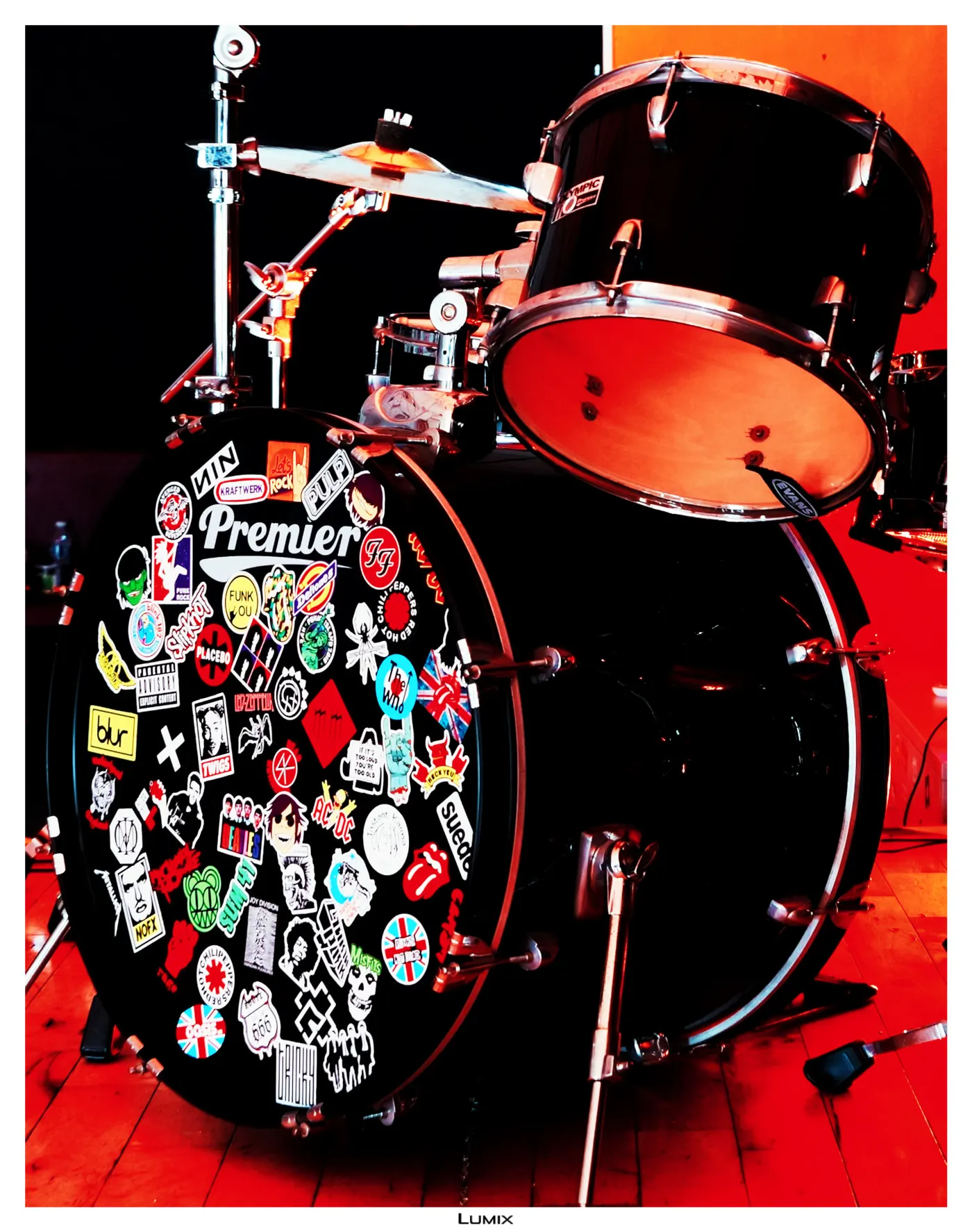Sticker-covered kick drum